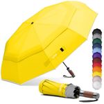 Royal Walk Windproof Folding Travel Umbrella Compact and Strong Luxurious Real Wood Handle Automatic Open Close Vented Double Canopy for Men and Women (Yellow)