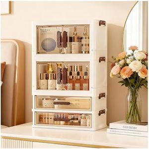 A stackable desktop organizer with drawers and compartments, ideal for storing cosmetics, beauty tools, jewelry, and school supplies in a student dorm. Features a convenient magnetic door handle.