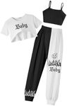 Arshiner Girls Summer 3 Piece Set High Low Hem Short Sleeve Overlay Top, Cami & Sweatpants 6-13 Years