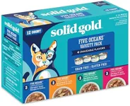 Solid Gold Wet Cat Food Shreds in Gravy - Canned Variety Pack Made w/Real Tuna - Five Oceans Grain Free - 12ct/3oz Can