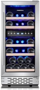 Phiestina Wine Fridge, 15 Inch Small Wine Cooler Refrigerator 31 Bottles Dual Zones Under Counter Temperature Control Built-in/Freestanding