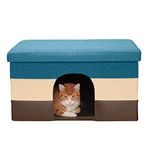 Furhaven Large Pet House Collapsible Ottoman-Footstool Condo Pet Bed - Beach House Stripe (Brown/Blue), Large