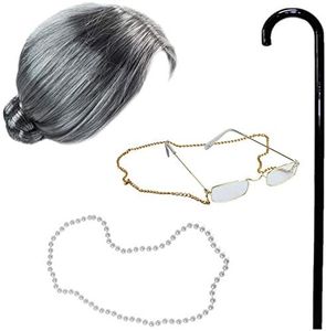 Tigerdoe Old Lady Costume With Cane - Granny Wig - Grandma Dress Up - Granny Glasses - 4 Pc Set Old Lady Accessories