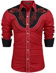 COOFANDY Men's Western Cowboy Shirt Retro Embroidered Design Button Down Costume Shirt (Red (pattern2,XX-Large)