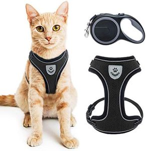 PUPTECK Cat Harness and Retractable Leash Set - Escape Proof Reflective Mesh Walking Vest with Adjustable 16.5ft Leash for Cats Puppies Small Dog,Black