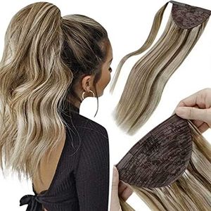 LaaVoo Highlight Extensiones Marrón Ligero con Rubio más Ligero Cola de Caballo de Cabello 40cm 80g Extensiones de Coleta Pelo Humano Real Ligero Extensiones de Cabello Liso y Recta #P8/60