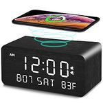 Andoolex Wooden Digital Alarm Clock with Wireless Charging, 0-100% Adjustable Brightness Dimmer and Alarm Volume, Weekday/Weekend Mode, Dual Alarm, Snooze, 12/24H, Wood LED Clock for Bedroom (Black)