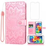 Phone Case for Samsung Galaxy S5 Wallet Cases with Tempered Glass Screen Protector Leather Slim Flip Cover Card Holder Stand Cell Glaxay S 5 Neo Gaxaly 5S Galaxies GS5 G900A G900T Women Rose Gold