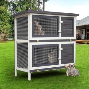 Advwin Wooden Bunny Rabbit Hutch, 2 Storey Rabbit House Guinea Pig Cage Pet House for Small Animals with Removable Tray & Weatherproof Roof, Indoor/Outdoor 90x45x90cm