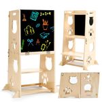 FOBIG Toddler Kitchen Stool Helper, Collapsible Step Stool Toddler Learning Tower, Montessori Kitchen Helper Step Stools for Kids 1-3 with Chalkboard & Safety Rail,Standing Tower for Kitchen Counter