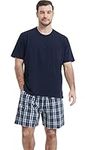 CHUNG Men's Pajamas Cotton Short Sleeve Shorts Pants Plaid Summer Sleepwear Lounge Set (XL, R19 Navy)