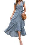 BTFBM Women Summer Dresses 2024 Ruffle Cap Sleeve V Neck Belt Wrap Split Boho Floral Long Casual Party Beach Maxi Dress, Floral Blue, Small