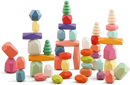 OESSUF Stacking Rocks 48Pcs Stacking Blocks Balancing Stacking Stones Wooden Building Toys Wood Stone Stacking Game for Toddler Sorting Preschool Educational Montessori Stacking Rocks for Kids