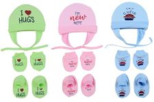 MOM'S DARLING, Pack of 3 Pairs, Cap Mittens and Booties Set for New Born Baby 0-6 Months | New Born Baby Products All | Baby Gloves and Socks Set | Baby Shower Gift | Baby Products | Multicolor