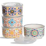 Chubacoo Ceramic Bowl with Lid: Soup Bowls with Lids Microwave Safe - Food Prep Bowls with Lids - Salad Bowls Set of 4 for Picnic, Camping - Lunch Containers with Lid - 5 in, 20 oz (Floral)