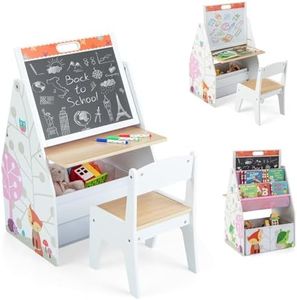 HONEY JOY Kids Easel and Play Station with Chair, Children Table and Chair Set w/Rotatable Double-Sided Blackboard & Whiteboard, Bookshelf & Storage Bin, Art Table w/Storage for Kids' Rooms (White)