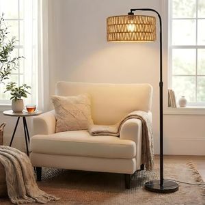 JDCQKHA Arc Rattan Floor Lamp with Remote, Dimmable Black Boho Floor Lamp with Stepless Color Temperatures, Adjustable Height 142-178cm Tall Standing Lamp for Living Room Bedroom