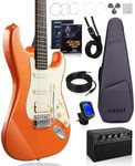 AKLOT Stryde Electric Guitar with Coil-Split: Roasted Maple Neck, Flame Maple Graphic Top, HSS Ceramic Pickups, Beginner Guitar Kit with 10W Amp, Gig Bag, Strap, Picks, Lesson Book, Blaze Orange