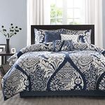 Madison Park Vienna Sateen Cotton Comforter Set, Breathable, Soft Cover, Trendy, All Season Down Alternative Cozy Bedding with Matching Shams, Queen, Indigo 7 Piece