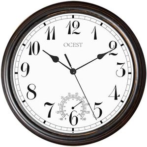 OCEST 12Inch Outdoor Garden Clock, Waterproof Wall Clock with Thermometer, Weather-Resistant Non-Ticking Battery Operated Decor Clock for Patio Pool Lanai Porch Kitchen Living Room 30.5CM