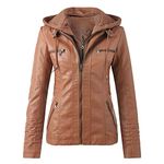 Buetory Womens Faux Leather Jacket Casual Slim Fit Stand Collar Multi Pocket Detachable Motorcycle Biker Hoodie Bomber Coat