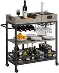 GAOMON Bar Carts for The Home with 2 Portable Trays, 3 Tier Bar Cart with Wheels, Mobile Kitchen Shelf with Wine Rack and Glass Holder, Industrial Serving Cart for Kichen, Dining Room-Rustic Grey