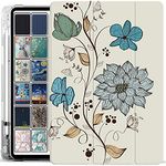 DuraSafe Cases for iPad 10.2 Inch 9 8 7 2021 2020 2019 [iPad 9th / 8th / 7th Gen ] A2197 A2270 A2602 Magnetic Trifold Printed Pencil Holder Transparent Silicone TPU Back Cover - Watercolor Flowers