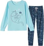 VENTELAN Women Pajamas Cute Christmas Sleepwear Plus Size Loungewear Set Long Sleeve Night Suits,XXL Cyan-blue