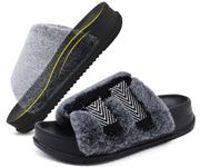 KuaiLu Womens Fluff Slides Plantar Fasciitis Arch Support Fuzzy Platform Slipper Orthotic Faux Fur Sandals Adjustable Open Toe House Slippers Indoor Outdoor, Black Size 8