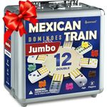 Queensell Mexican Train Dominoes Set Double 12 – Jumbo Dominoes Set for Adults, 91 Tiles with Colorful Dots, Wooden Hub, Train & Aluminum Case