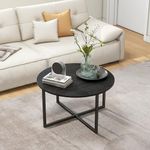 Elegant Home Products Round Coffee Table with Vintage Wooden Board and X Base Metal Frame, Accent Furniture for Home Office, Living Room,Black Circle Dining Table,End Table,Tea Table