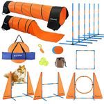 Dog Agility Training Equipment for Indoor Outdoor, Puppy Obstacle Course Backyard Kit, Dog Agility Equipment with 2 Dog Tunnels, Wave Poles, 2 Adjustable Hurdles, Jump Ring, Pause Box, Dog Toys