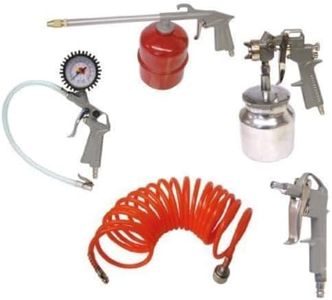 KINZO 5 Piece Compressed Air Set Compressor Accessories, Spiral Hose, Tyre Inflator Gauge, Blow Gun, Paint Spray Gun, Spray Gun