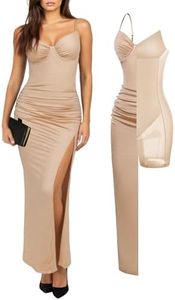 Popilush V Neck Cocktail Dresses Women Shapewear Dress Adjustable Maxi Dress Tummy Control Party Dress Champagne M