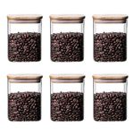 Jinelza 270 ml glass jars with wooden lid glass jar set food storage containers Borosilicate Glass Jar Set/Suit for Sugar, Salt, Coffee, Tea, and Other Dry Food Storage (270ML SQUARE JAR, 6 PCS)