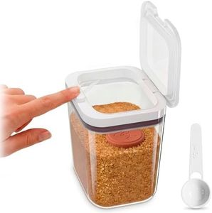 Brown Sugar Container Keeper with Lid & Spoon – Airtight Clear Plastic Brown Sugar Canister with Moisture Disc – 1-Button Easy Open Jar, Clump-Proof Soft & Fresh Storage with Silicone Seal, 2 Quart
