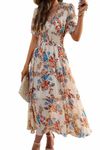 Women's Floral Maxi Dress Flowy V Neck Empire Waist Summer Wedding Guest Party Casual Chiffon Dress, Beige Peach Blossom, M