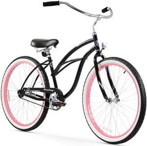 Firmstrong Urban Lady Single Speed Beach Cruiser Bicycle, 26", Black/Pink Rims