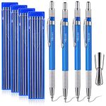 Hiboom 4 Pcs Welders Pencil with 48 Pcs Silver Round Refills, Mechanical Pencils Metal Marker with Built-in Sharpener for Pipe Fitter Welder Steel Construction Fabrication Woodworking