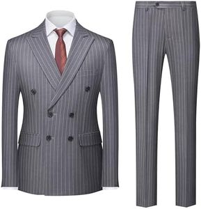 MOGU Mens Double Breasted Pinstripe Suit 2 Piece Slim Fit Tuxedo Formal Jacket and Pants for Business Wedding Prom, Dark Grey, Small