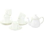 Femora Ceramic Gold Line with Vertical Bar White Ceramic Tea Cups and Saucers with Tea Kettle Set -200 ml Set of 13 (6 Cups, 6 Saucer, 1 Kettle)