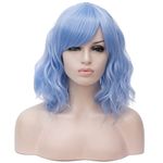 Water Blue: Cying Lin 14 Inches Water Blue Wigs For Women Girls Short Curly Synthetic Wig With Side Bangs Wigs For Women (Water Blue)