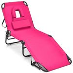 GYMAX Tanning Chair, 350lbs Beach Lounge Chair with Face Hole, Detachable Washable Pillow & Carry Strap, Adjustable Folding Chaise Lounge, Layout Chair for Outside, Patio, Poolside, Lawn (1, Pink)