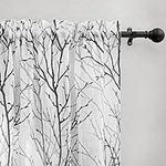 NICETOWN Print Branch Sheer Curtains 45 Inches Long, Rod Pocket Rideaux de Cuisine Short Window Curtains 2 Panels for Kitchen/Farmhouse, Black, 50 Inches Wide