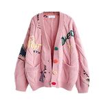 Women's Cable Knit Long Sleeve Open Front Cardigan Sheep V-Neck Button Down Embroidery Wool Blend Sweater Coat Outwear, Pink, Medium