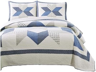 KASENTEX Authentic 100% Cotton Easy-Clean Decorative Bedspread with Floral Patchwork Coverlet, Soft & Oversized Quilt Bedding for Better Coverage, Full/Queen 90x96, Diamond Motif Blue/Ivory