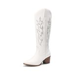 DREAM PAIRS Cowboy Boots for Women Cowgirl Knee High Boots Comfortable Pull On Zipper Chunky Heel Pointed Toe Embroidered Western Boots, White-rhinestone, 10