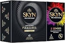 SKYN Unknown Pleasure Condoms Pack of 42 & 5 Senses Pack of 5 / Skynfeel Latex Free Condoms for Men, 6 x Intense Feel, 18 x Cocktail Flavoured, 6 x Tingling, 6 x Warming, 6 x Cooling