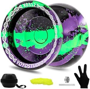 YOYOSTUDIO X0312 Responsive Yoyo Professional Unresponsive Yoyo for Kids 8-12 Finger Spin Trick Yo Yo for Kids Adults Metal Yoyo with Bearing Kit, 10 Yo-Yo Strings, Case & Glove (Black Green Purple)