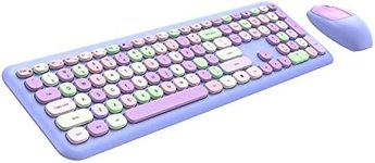 Wireless Keyboard and Mouse Combo, 2.4GHz Full-Sized Colorful Cute Keyboard Mouse Set with Retro Typewriter Flexible Round Keys for Windows, Computer, Laptops, PC Purple Colorful